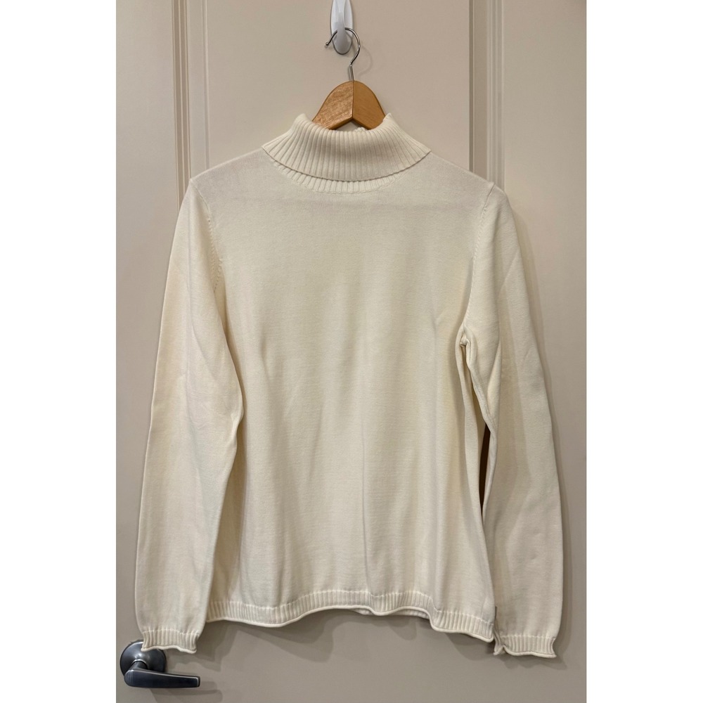 Woolrich Women's Turtleneck Ecru 100% Cotton Knit Sweater Ribbed Trim Size XL
